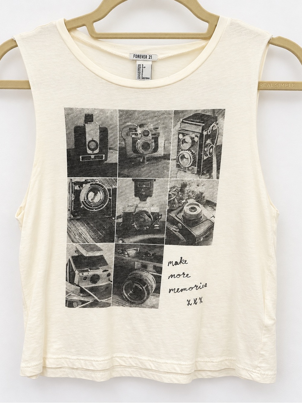 Forever 21 Cream Sleeveless Tank with Black Vintage Camera Grid Print